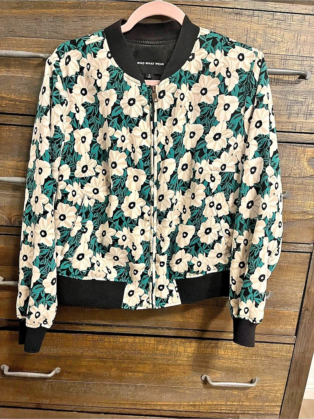 Who What Wear Floral Print Bomber Jacket Green & Cream XL